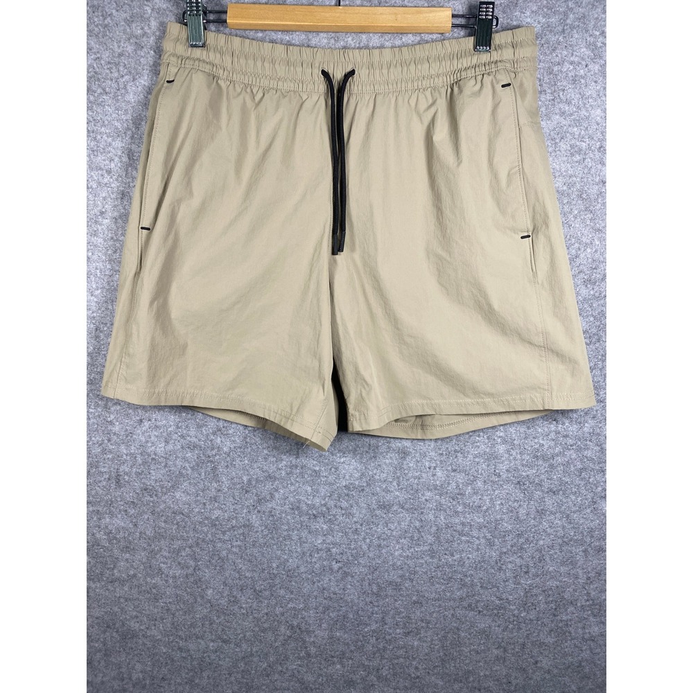 Mens Tan Athletic Training Shorts Khaki Elastic Waist Zipper Pocket Size M